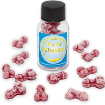 DIABLO PICANTE - POTE COM 12 DOCES DE MORANGO-CEREJA EM FORMATO DE PÊNIS FELIZ