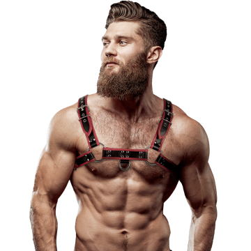 FETISH SUBMISSIVE ATTITUDE - ARNÊS DE PEITORAL DE COURO ECOLÓGICO MASCULINO PRETO-VERMELHO