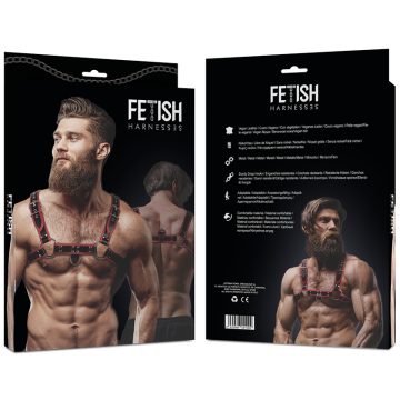 FETISH SUBMISSIVE ATTITUDE - ARNÊS DE PEITORAL DE COURO ECOLÓGICO MASCULINO PRETO-VERMELHO