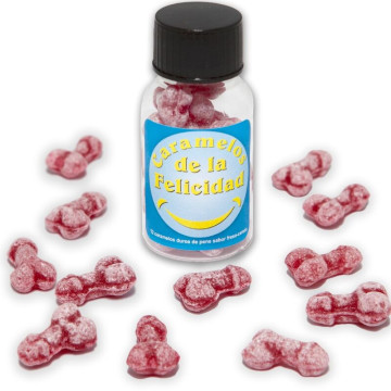 DIABLO PICANTE - POTE COM 12 DOCES DE MORANGO-CEREJA EM FORMATO DE PÊNIS FELIZ