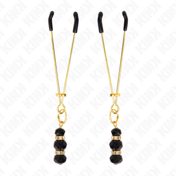KINK - PINÇAS FINAS DOURADAS COM 3 CONTAS DE VIDRO PRETAS 7 CM