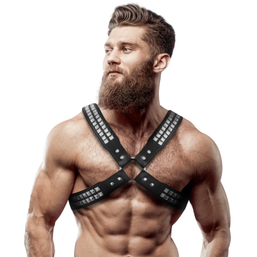 FETISH SUBMISSIVE ATTITUDE - ARNÊS DE COURO ECOLÓGICO COM PEITO CRUZADO E REBITES PARA HOMENS