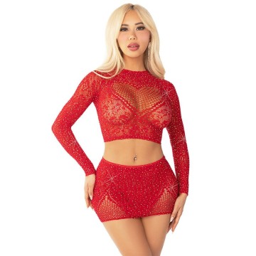 LEG AVENUE - CROPPED DE REDE BRILHANTE MINI SAIA VERMELHO