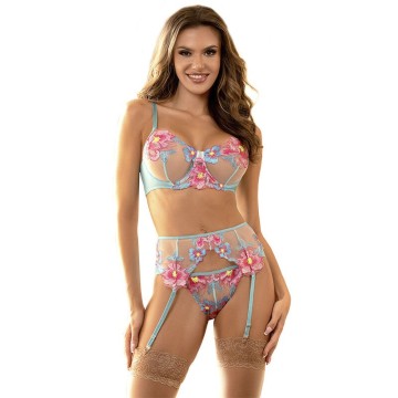 SUBBLIME - 954109 SUTIÃ CALCINHA COM CINTO-LIGA DESIGN FLORAL AZUL S-M