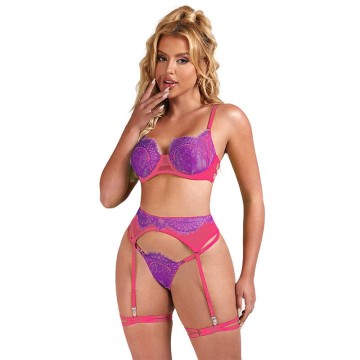 SUBBLIME - 955366 CONJUNTO DE SUTIÃ COM RENDA E LIGAS ROSA E ROXO L-XL