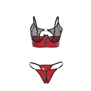 SUBBLIME - 955533 CONJUNTO DE SUTIÃ DE COURO VERMELHO COM ZÍPER DE MALHA S-M