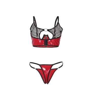 SUBBLIME - 955540 CONJUNTO DE SUTIÃ DE COURO VERMELHO COM ZÍPER DE MALHA L-XL