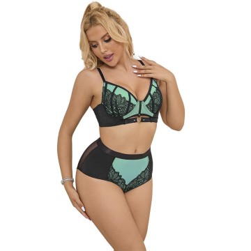 SUBBLIME - 955557 CONJUNTO DE SUTIÃ DE COURO VERDE COM ZÍPER DE MALHA S-M