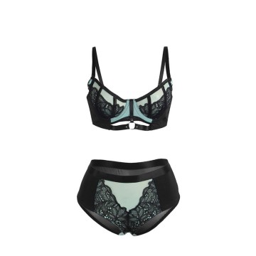 SUBBLIME - 955557 CONJUNTO DE SUTIÃ DE COURO VERDE COM ZÍPER DE MALHA S-M