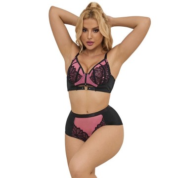 SUBBLIME - 955588 CONJUNTO DE SUTIÃ DE COURO VERDE COM ZÍPER DE MALHA ROSA L-XL