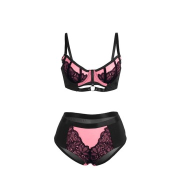 SUBBLIME - 955588 CONJUNTO DE SUTIÃ DE COURO VERDE COM ZÍPER DE MALHA ROSA L-XL