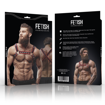 FETISH SUBMISSIVE ATTITUDE - PEITORAL DE COURO ECOLÓGICO MASCULINO BULLDOG ARNÊS PRETO-VERMELHO