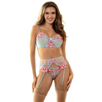 SUBBLIME - 957643 CONJUNTO DE SUTIÃ E CINTO-LIGA BORDADO COM FLORES ROSA S-M